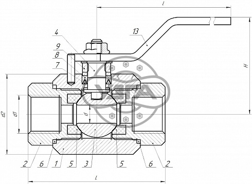 Кран шаровой разборный трехсоставной муфтовый Dn32 Pn160 09Г2С 11лс45п